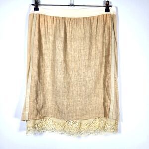 Illia Cream Linen Leather N Lace Knee Length Skirt